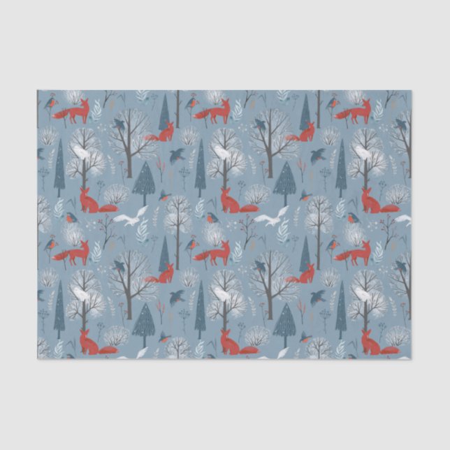 Papier Mousseline Blue Red moderne Nordic Winter Foxes Birds Motif (Recto)