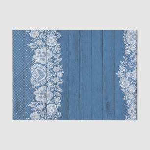 Papier Mousseline Blue Rustic Wood & White Lace Farmhouse Chic