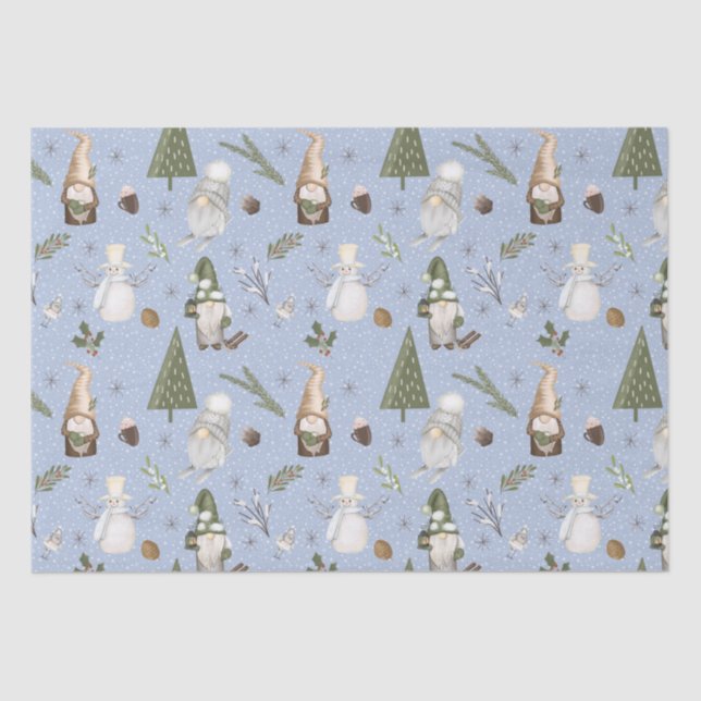 Papier Mousseline Blue Snowy Forest Motif de Noël Gnomes (Recto)