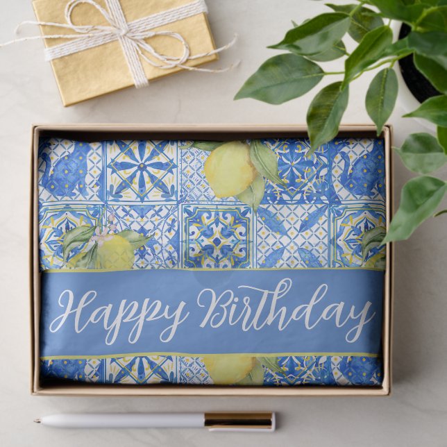 Papier Mousseline Blue Tile French Country Lemon Pattern Name (Cadeau)