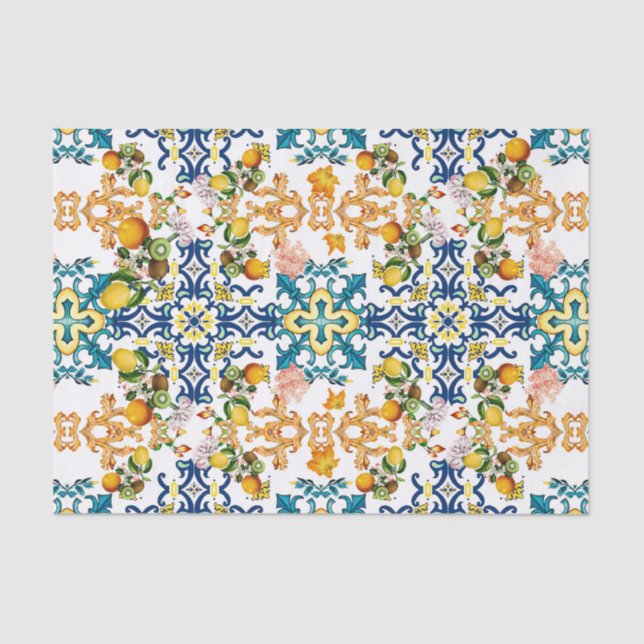 Papier Mousseline Blue Tiles Mediterranean Pattern (Recto)