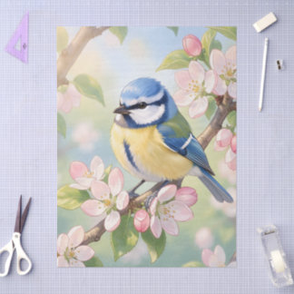 Papier Mousseline  Blue Tit Bird on Apple Tree Spring Decoupage