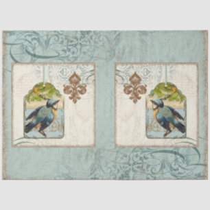 Papier Mousseline Blue Vintage Bird Fleur de Lis Découpage