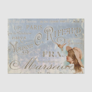 Papier Mousseline Blue Vintage French Girl Bird Ville Noms Paris