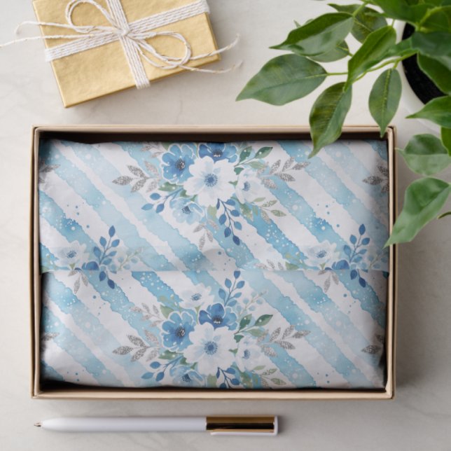 Papier Mousseline Blue Watercolor Floral Stripe Gift Wrapping (Cadeau)
