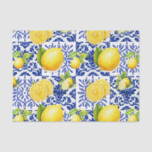 Blue White Lemon Tile Pattern Mediterranean Citrus