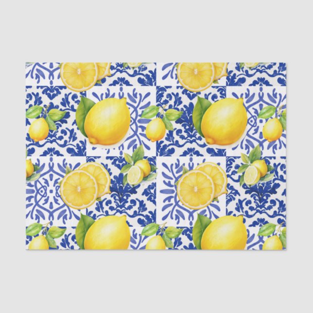 Papier Mousseline Blue White Lemon Tile Pattern Mediterranean Citrus (Recto)