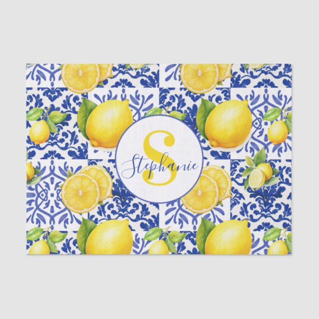 Papier Mousseline Blue White Lemon Tile Pattern Monogram Name Citrus (Recto)