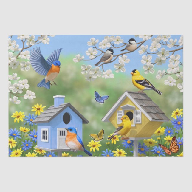 Papier Mousseline Bluebirds Goldfinches Birdhouses Jardin aux fleurs (Recto)