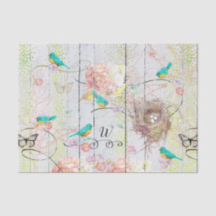 Papier Mousseline Bluebirds Nest rose Hydrangea Floral Monogramme