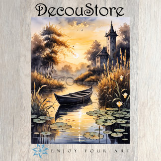 Papier Mousseline Boat on a Lake at Sunset Decoupage