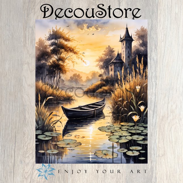 Papier Mousseline Boat on a Lake at Sunset Decoupage (Créateur téléchargé)