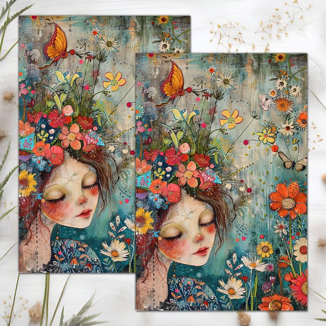 PAPIER MOUSSELINE BOHÈME FILLE FLEUR DÉCOUPAGE (BOHO FLOWER GIRL DECOUPAGE TISSUE PAPER)