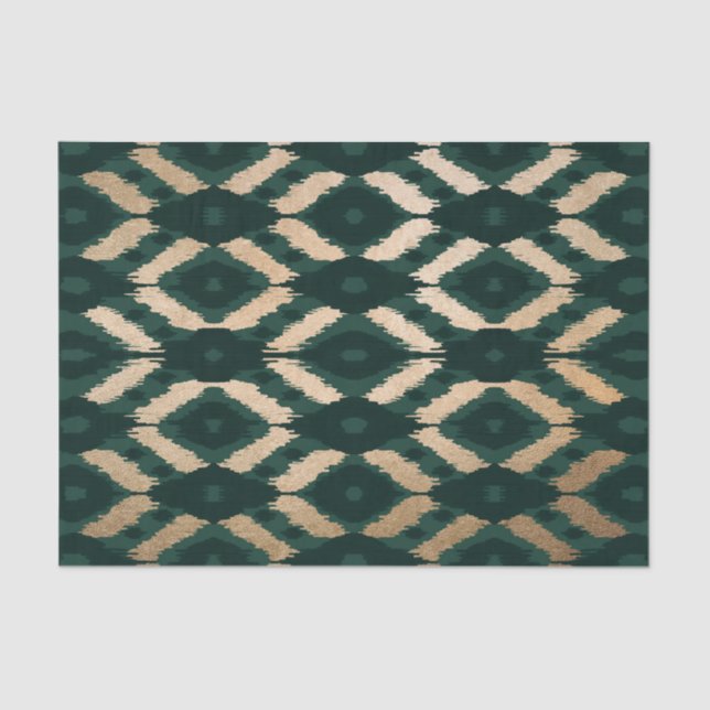 Papier Mousseline Bohême Gold Forest Green Ikat Motif (Recto)