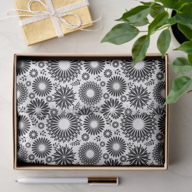 Papier Mousseline Boho Chic Black White Folk Flowers and Starburst  (Cadeau)