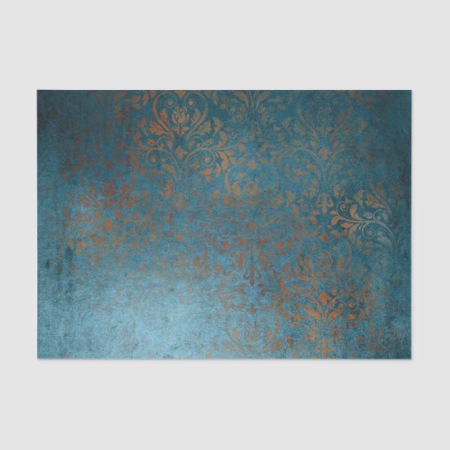 Papier Mousseline Boho Cuivre bleu Damask Grunge (Recto)