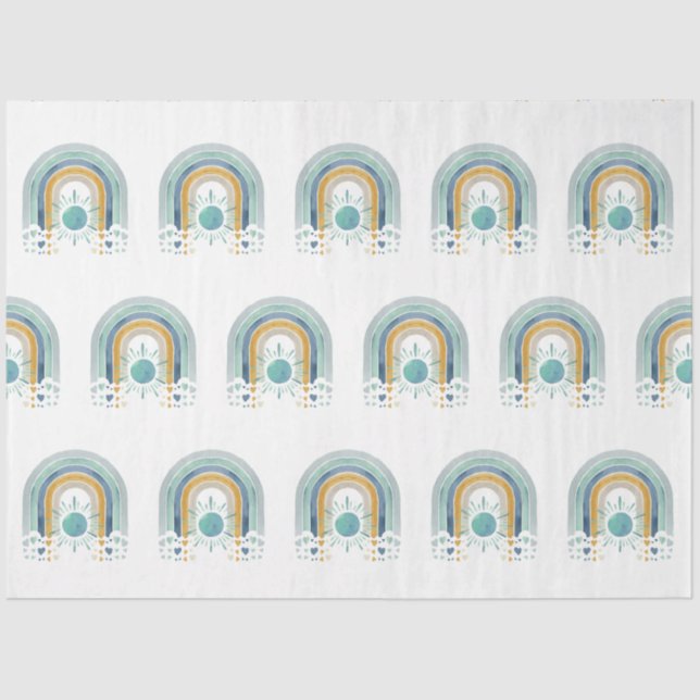 Papier Mousseline BOHO moderne Rainbow Sun Heart Dusty Blue Mustard (Recto)