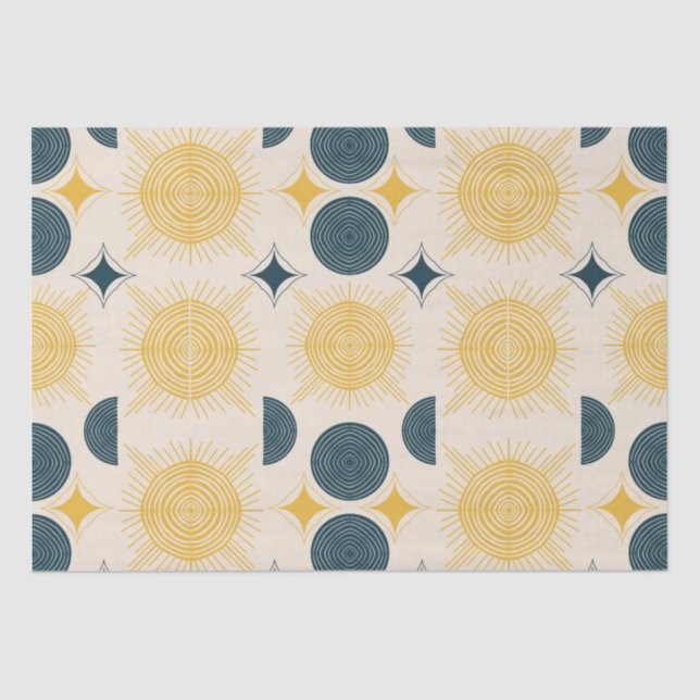 Papier Mousseline Boho Sun Moon Stars bleu jaune (Recto)