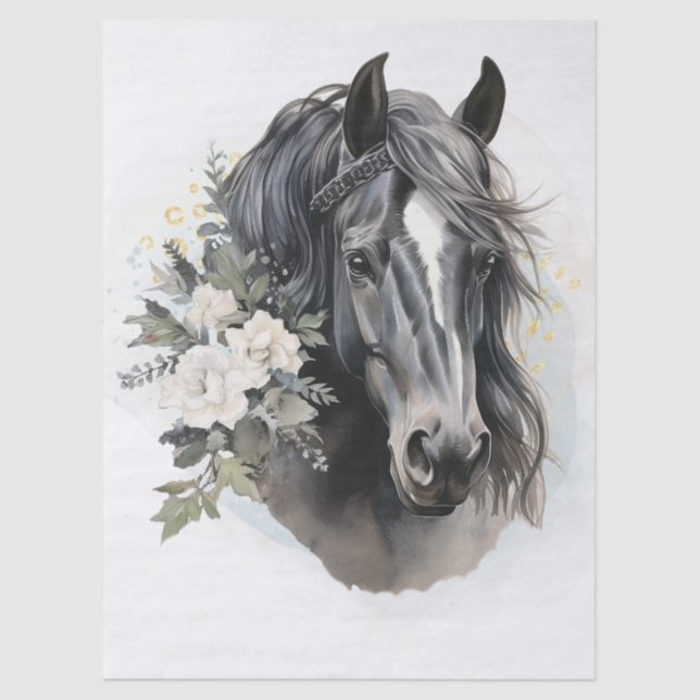 Papier Mousseline Boho Watercolor Floral Black Horse (Recto)