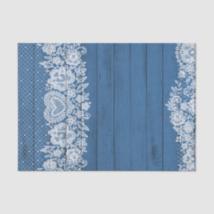Papier Mousseline Bois Rustique Bleu & Dentelle Blanche Élégant Farm