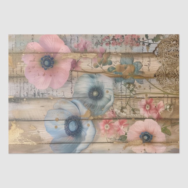 Papier Mousseline Bois rustique, Fleurs Pastel Découpage (Recto)