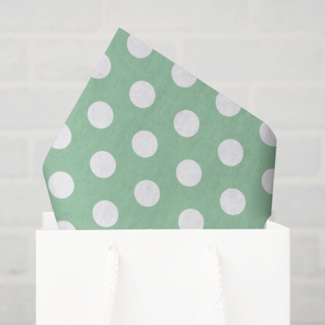 Papier Mousseline Bold White Polka Dots on Sage Green  (Sac cadeau)