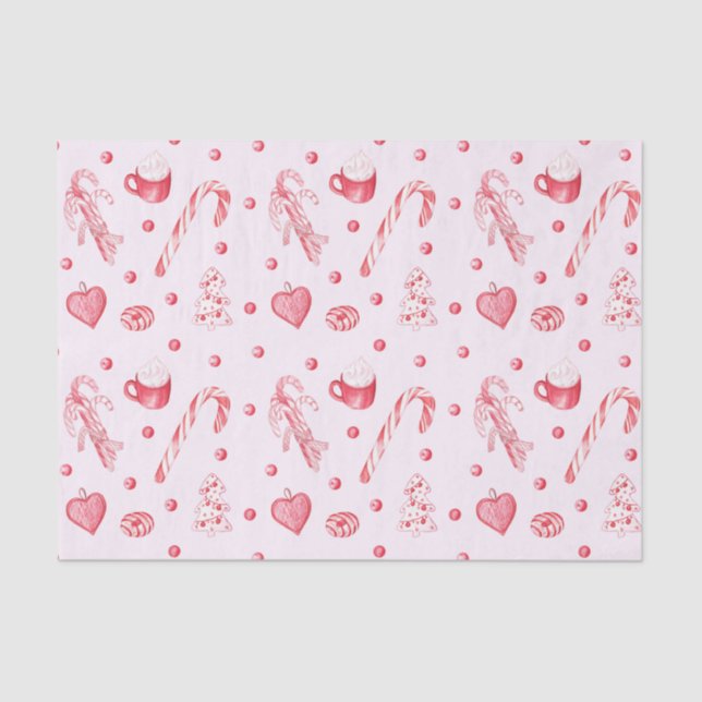 Papier Mousseline Bonbons de Noël et chocolat chaud rose (Recto)