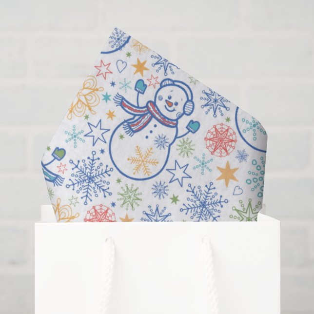 Papier Mousseline Bonhommes de neige bleus heureux (Sac cadeau)