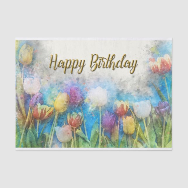 Papier Mousseline Bonne aquarelle d'anniversaire Fleurs de tulipes A (Recto)