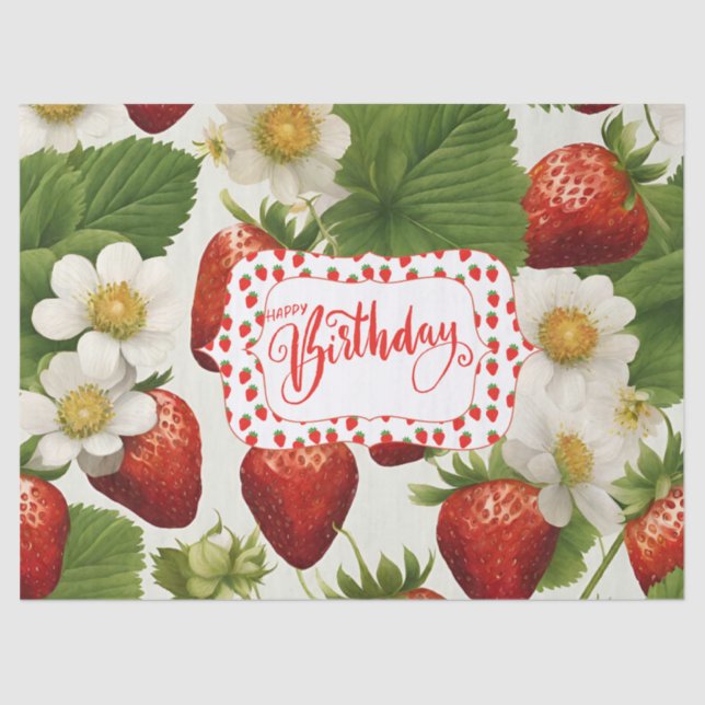 Papier Mousseline Bonne fraises d'anniversaire, Feuilles et fleurs (Recto)