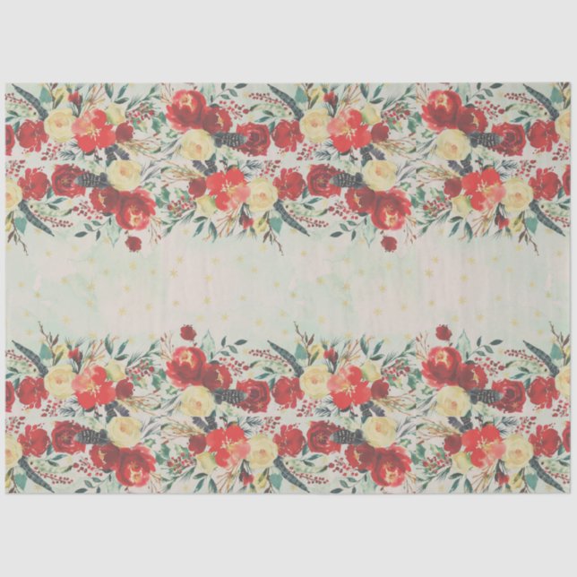 Papier Mousseline Bordure Fleur de Noël et Étoiles sur bleu (Recto)