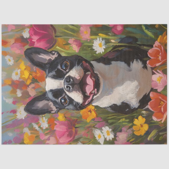 Papier Mousseline Boston Terrier Colorée Fleur sauvage Champ Découpa (Recto)