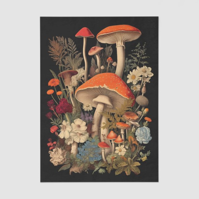 Papier Mousseline Botanical Mushrooms & Flowers on Black Background (Recto)