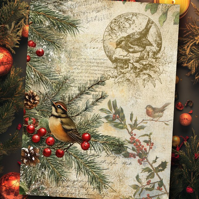 Papier Mousseline Botanique d'hiver vintage avec découpage d'oiseaux (Créateur téléchargé)