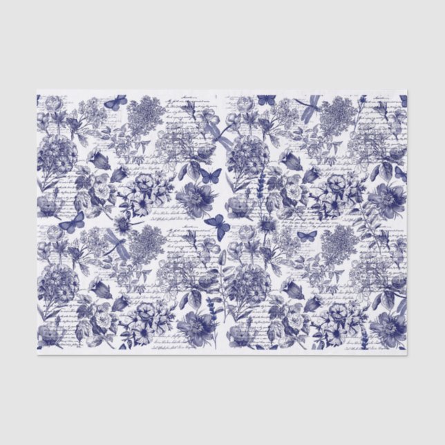 Papier Mousseline Botaniques en bleu avec découpage de script (Recto)