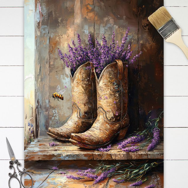 Papier Mousseline Botte Cowboy Lavender Honey Bee Decoupage (Créateur téléchargé)