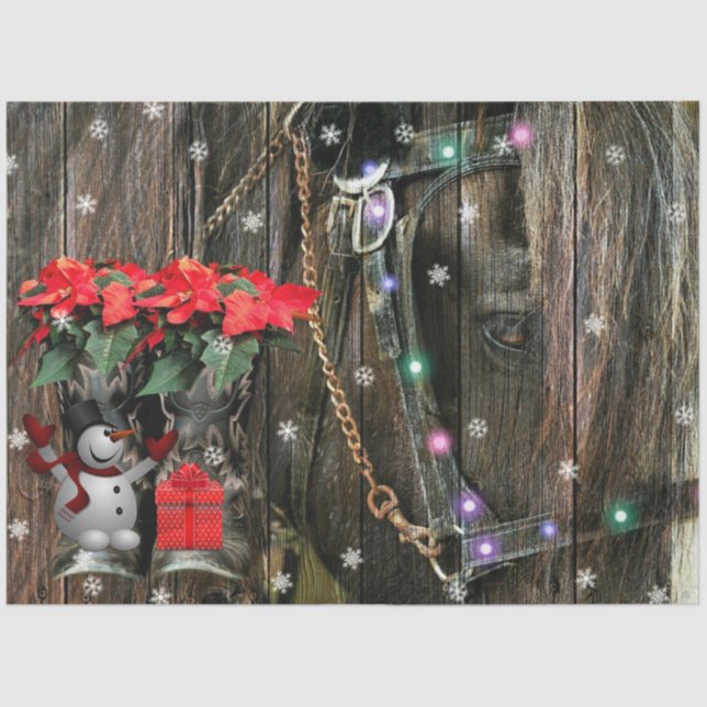Papier Mousseline Bottes de cowboy Cheval de Noël Poinsettia bonhomm (Recto)