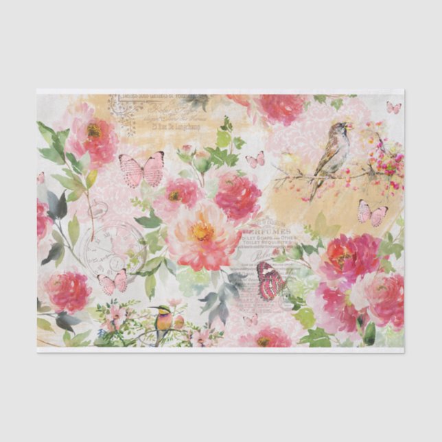 Papier Mousseline Boucles d'aquarelle, Oiseaux, Papillons Collage (Recto)