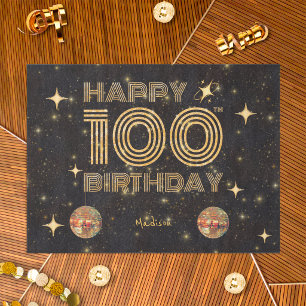 Papier Mousseline Boule de Disco Dansante Or Noir 100e Joyeux Annive