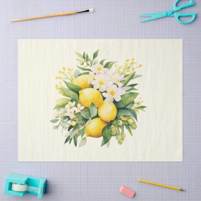 Papier Mousseline Bouquet de citrons aux fleurs blanches (Artisanat)