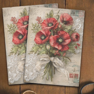 Papier Mousseline Bouquet de coquelicots rouges cramoisis vintage dé