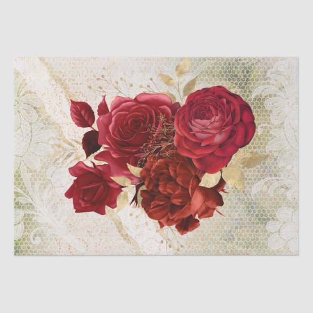 Papier Mousseline Bouquet de dentelle rouge or floral (Recto)