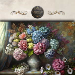 Papier Mousseline Bouquet de roses hortensias vintage en découpage