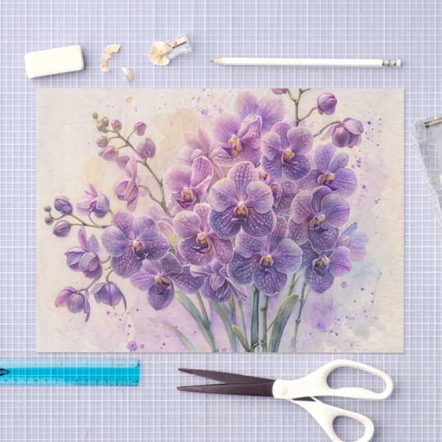 Papier Mousseline Bouquet d'orchidées violettes Aquarelle (Artisanat)