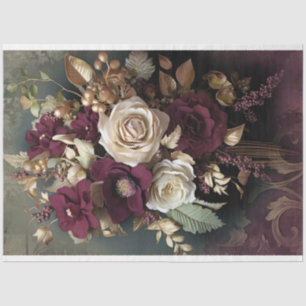 Papier Mousseline Bouquet floral, rouge bordeaux, vert et or