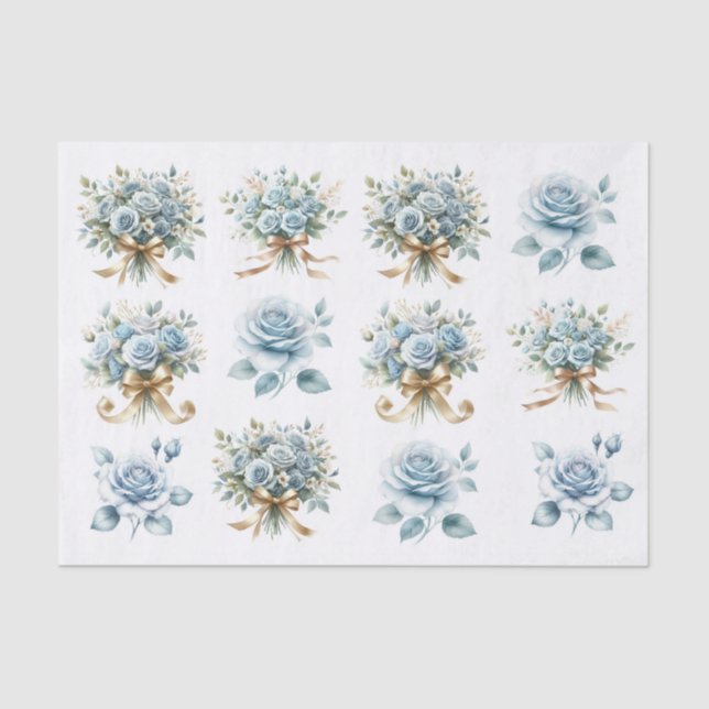 Papier Mousseline Bouquet Rose bleu or Ruban Ephémère Découpage (Recto)