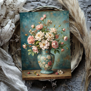 Papier Mousseline Bouquet rose vintage brouillard noir dans vase ble