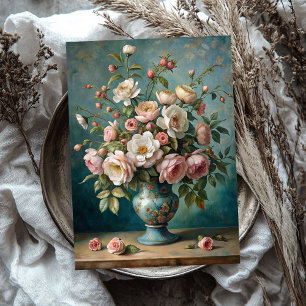 Papier Mousseline Bouquet rose vintage brouillard noir dans vase ble
