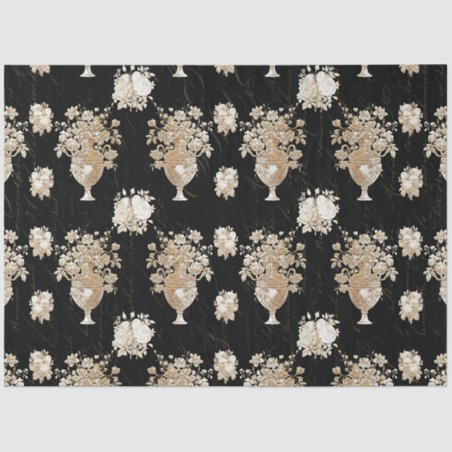 Papier Mousseline Bouquet Vintage Black Gold Script Découpage (Recto)