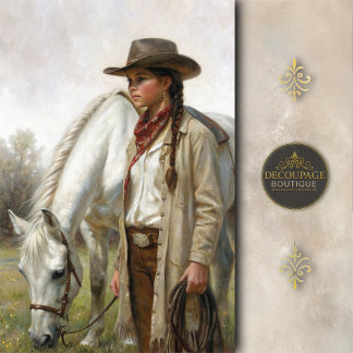 Papier Mousseline Braided Cowgirl With White Horse Decoupage